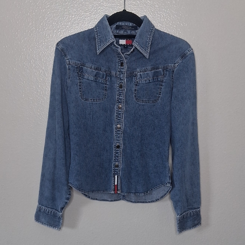 Vintage Tommy Hilfiger Denim Shirt Youth Blue Button Up Long Sleeve M
